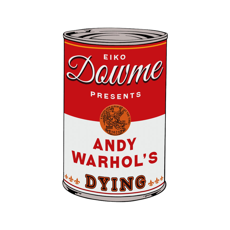 Eiko Dowme in a red dress, sitting on a red sofa in front of a red background, wearing a leash. Behind her, a small "halo" circle of Gustav Klimt's painting "the kiss" and the text BE THE LOSER in big, distorted, white letters.