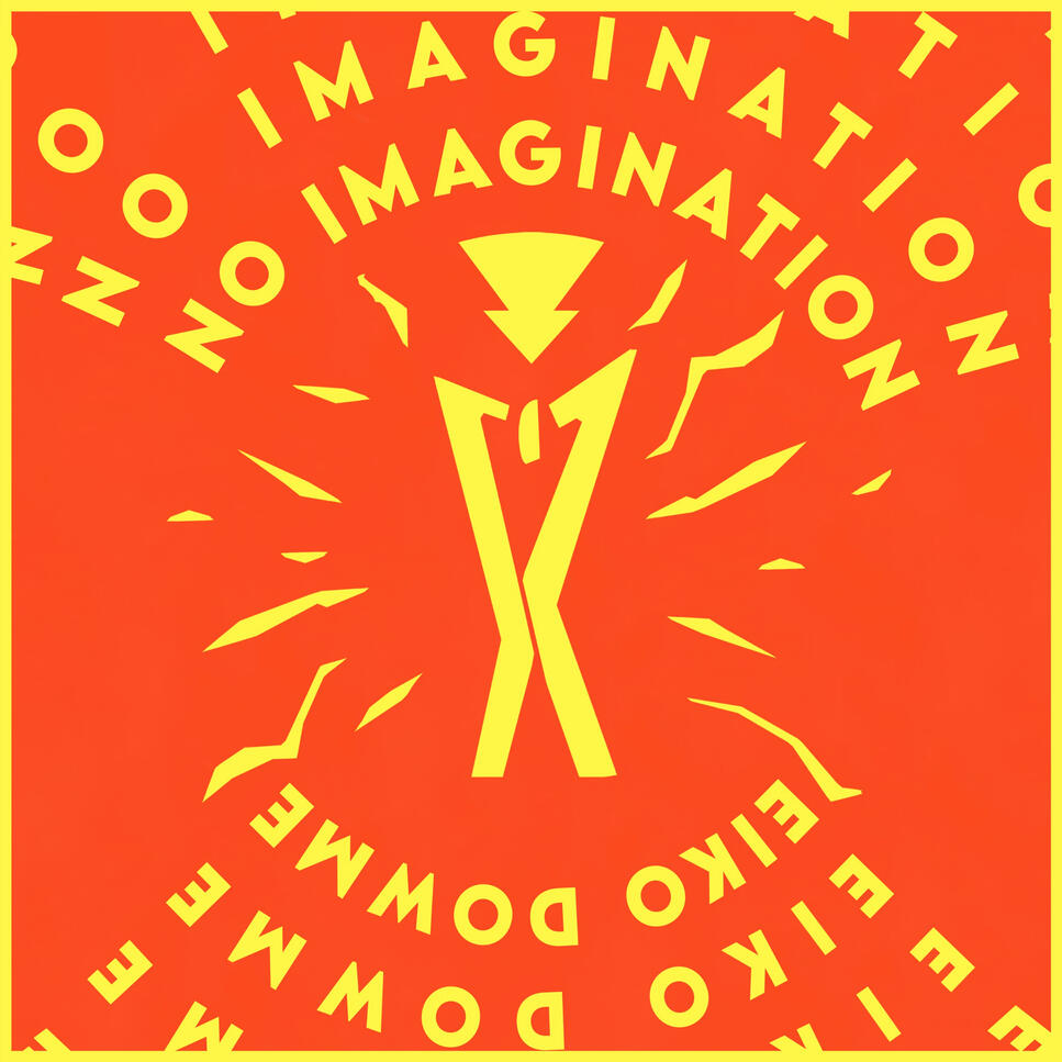 Yellow stick-figure is holding its head in distress on a red background. It has jagged yellow action-lines on either side of it. Above, the arched title reads "NO IMAGINATION" and below, upside down, "EIKO DOWME".
